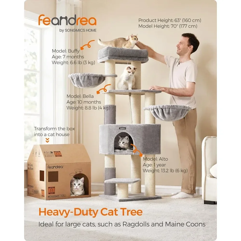 63-Inch Heavy-Duty Cat Tower with Self-Warming Pads,9 Scratching Posts, Large Perch, Cave, and Baskets,Dove Gray and Cream White