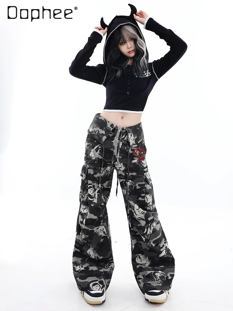 

American Hip Hop Camouflage Cargo Pants Loose Tide Street Subculture Printed Straight-leg Pants Personalized Y2K Trousers Women