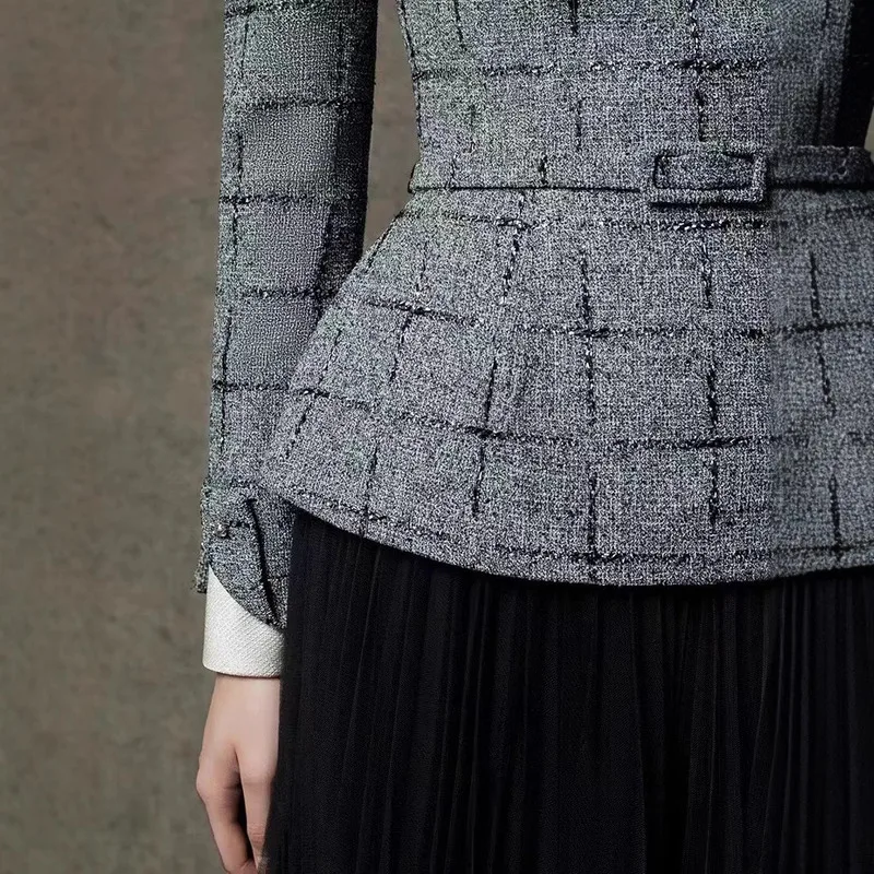 BEWQ موضة المرأة 2 قطعة مجموعة تويد حزام واحدة الصدر معطف طويل الأكمام الشاش تنورة دعوى مساء حفلة 2025 الخريف جديد #3