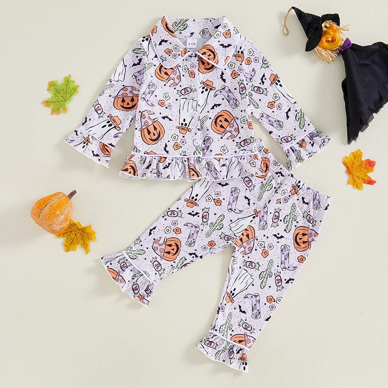 Little Girl Halloween Pajamas Set Pumpkin Print Long Sleeve Lapel Button Down Tops with Ruffled Pants Fall 2 Pieces Sleepwear