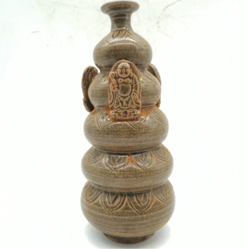 Vintage Yue Kiln Calabash Vase with Three Sages Relief - Traditional Chinese style Ceramic Figurine, Desktop Decor & Collectible