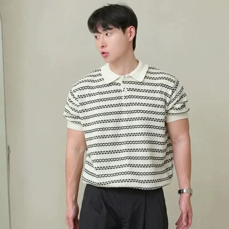 

2025 Summer New Fashion Men's Striped Turn-down Collar Short Sleeve Casual Trendy Loose Hollowed Out T-shirts Male Vintage Tops