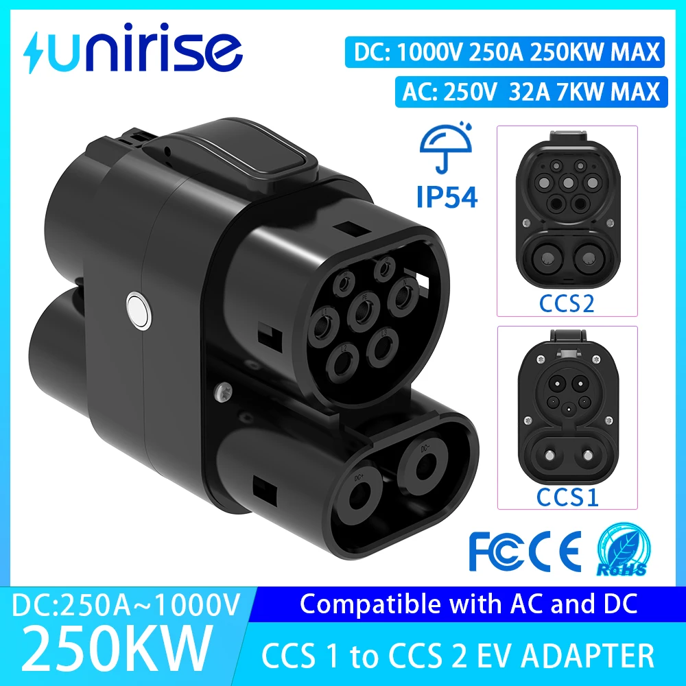 

Unirise CCS1 to CCS2 Adapter 250A Compatible DC and AC Charging Type2 to Type1 Connectors For Electric Vehicles Fast Charger