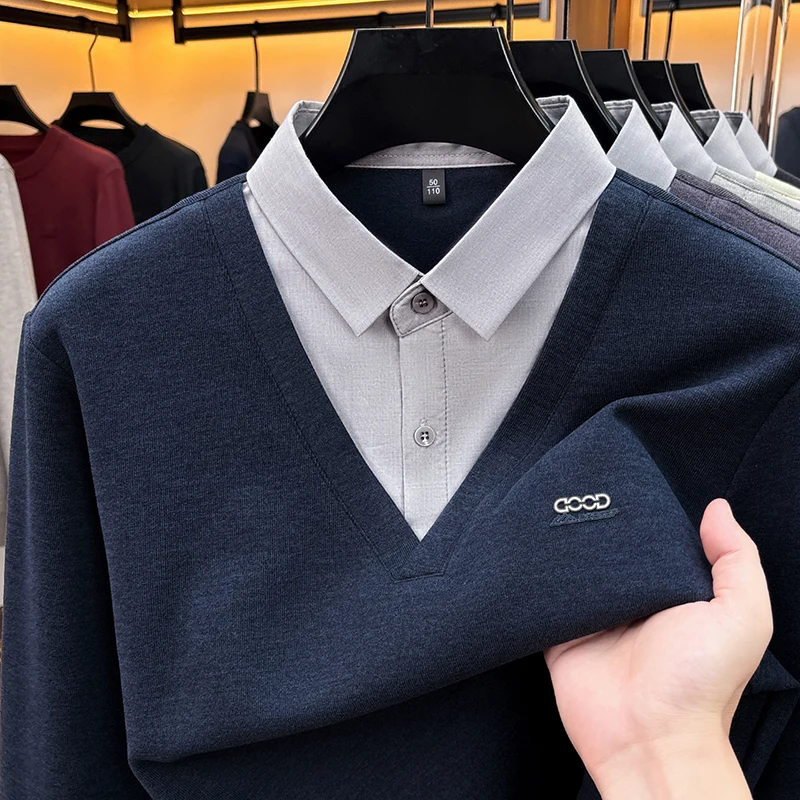Luxury Brand letter embossed men's sweater personality splicing fake two pieces autumn new trend business casual lapel pullover