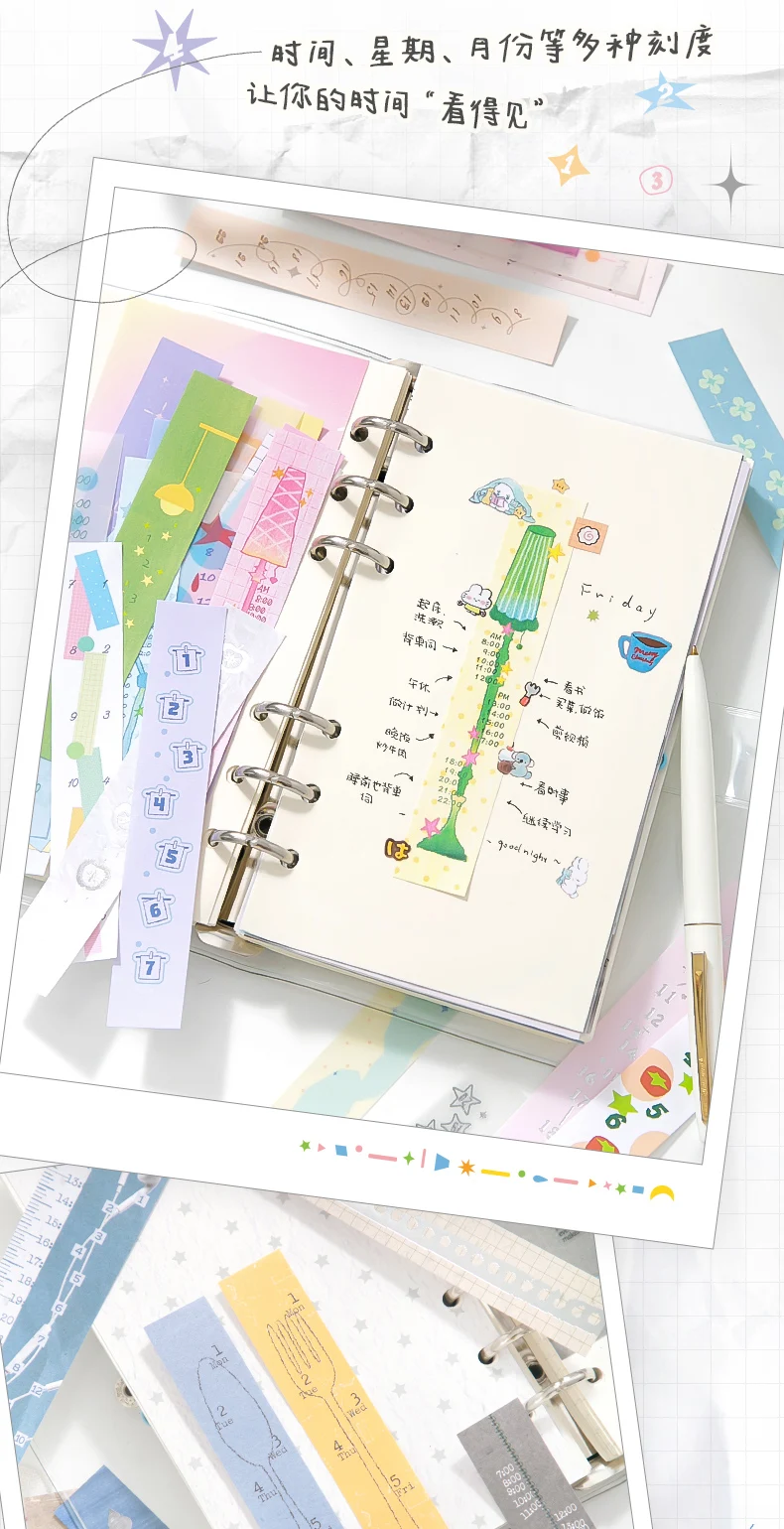 Journal GO 120 Stück Lange Streifen-Zeitleisten Haftnotizen Datumsplaner Terminplaner Dekoratives Material Papier für Journaling und Scrapbooking – Detail 5