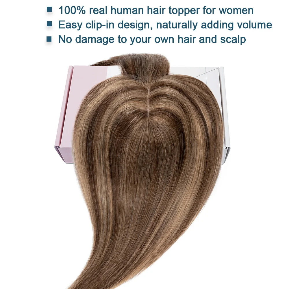 Johanna Choices-Toppers de cheveux humains avec frange pour femme, vrais cheveux humains, densité 150%, 7x13cm, pince injBase