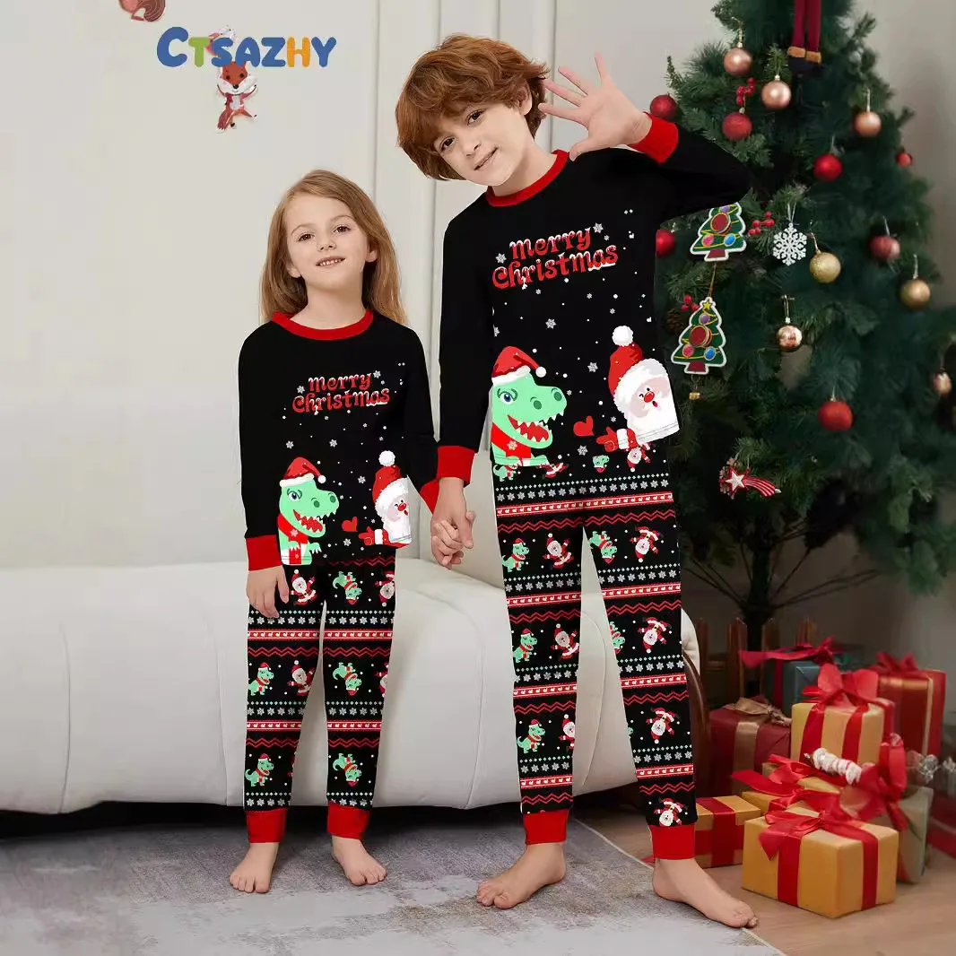 

Cute cartoon striped printed Christmas family outfits, Autumn and winter home wear, New Year gift party pajama clothing