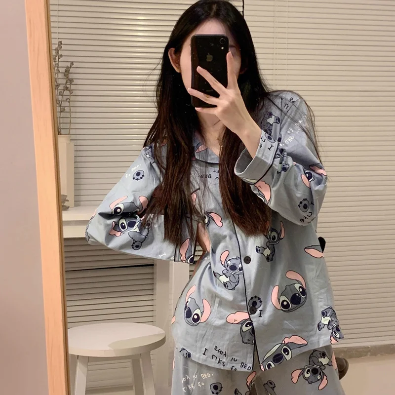 Disney autumn Stitch cute long-sleeved comfortable pajamas women's cartoon printed milk silk lapel cardigan loungewear set