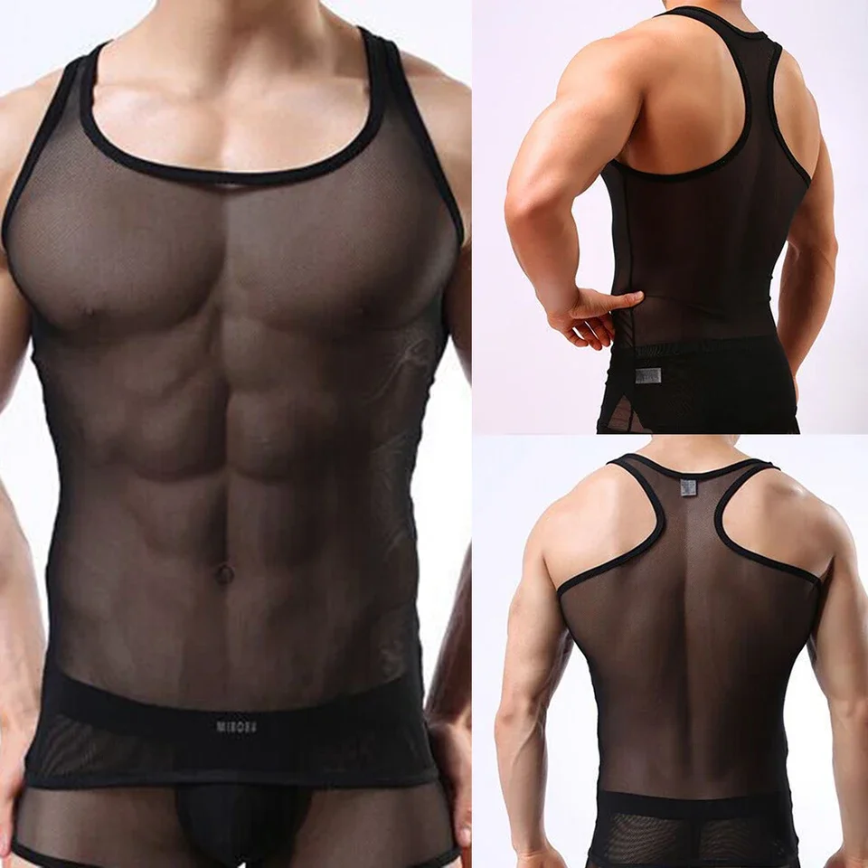 Men Sexy Mesh Sheer Fishnet Tank Tops Stretch Sleeveless Breathable Thin Vests Gym Training Tank Top Male Vest
