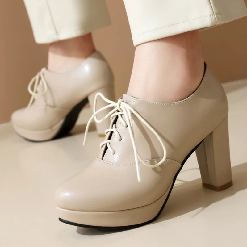 

Женские лоферы на высоком каблуке, модные туфли на платформе со шнуровкой, черные, белые, красные вечерние свадебные офисные туфли на каблуке, женские большие размеры 45