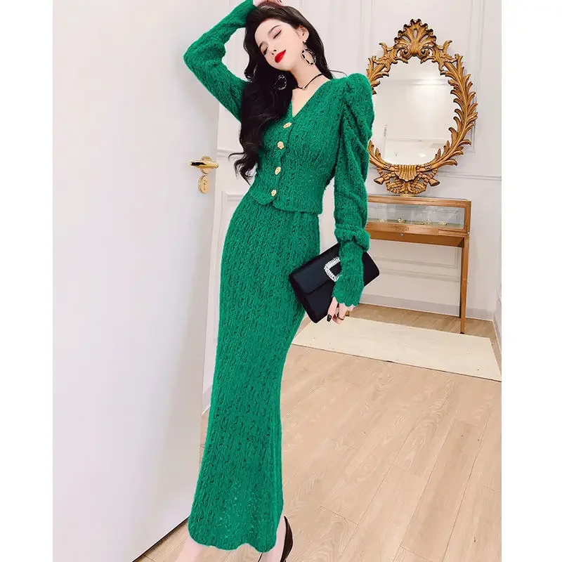 Women\'s Two Piece Suit Skirt Short Top Skirt Temperament Elegant Puff Sleeve Top High Waist Pack Hip Skirt