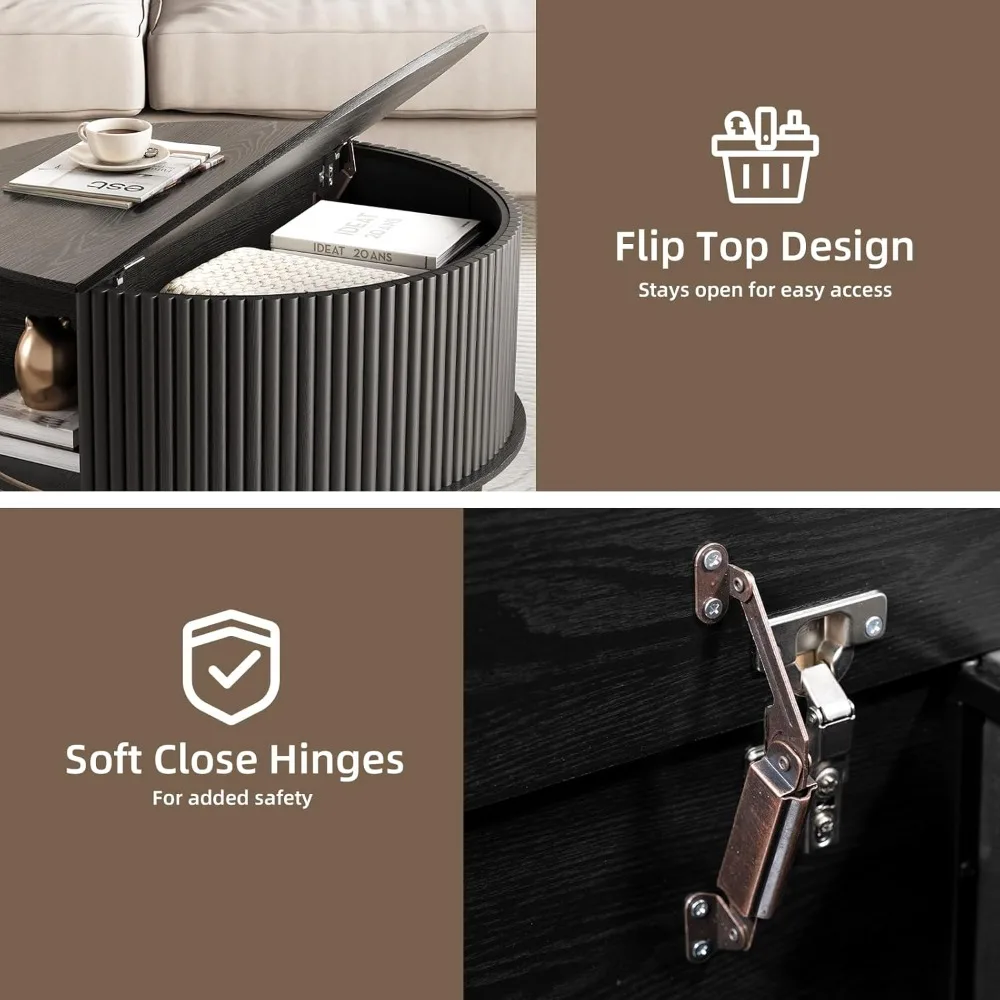 طاولة قهوة دائرية مع مساحة تخزين، وطاولة قهوة حديثة مقاس 31.5 بوصة مع أبواب منزلقة وأرجل من الخشب الصلب