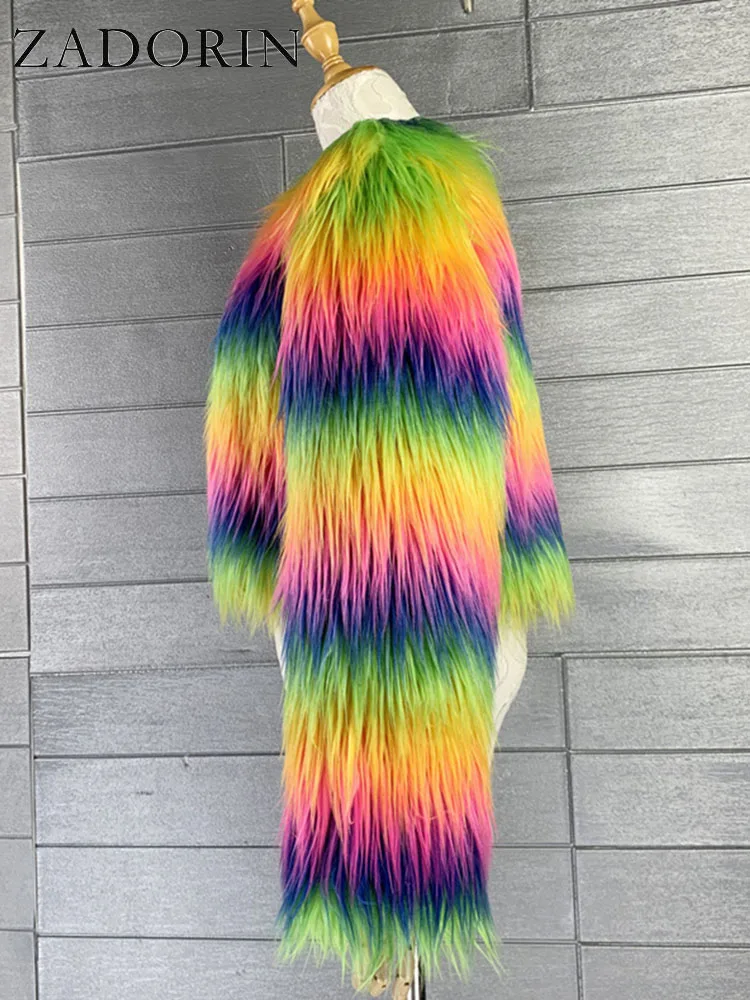 ZADORIN Fashion Colorful Rainbow Hairy Faux Fur Coat Women Crop Top 2024 Autumn Winter Fluffy Cropped Jacket Festival Clothing