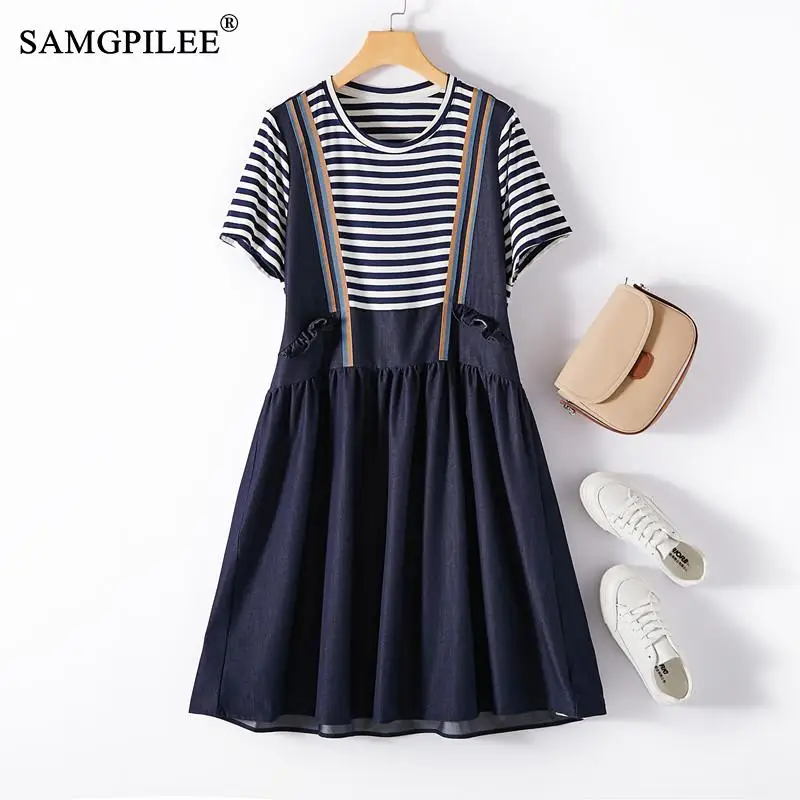 

Women's Summer Dress 2022 New Korean Fashion Striped Stitching Fake Two-piece Denim A-line Elegant Casual Party Dresses 4XL