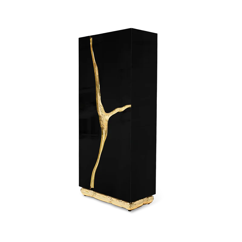 Black Side Cabinet Gold Line Inlay Decor Storage Furniture For Living Room Home