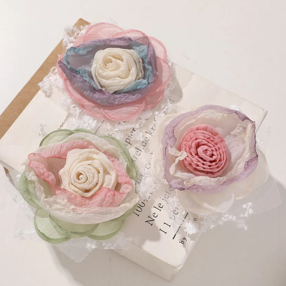 

Spring Floral Lace Tulle Gradient Rose with Mesh Trim for DIY Craft Projects Aritificial Flower Head for Wedding Home Decoration