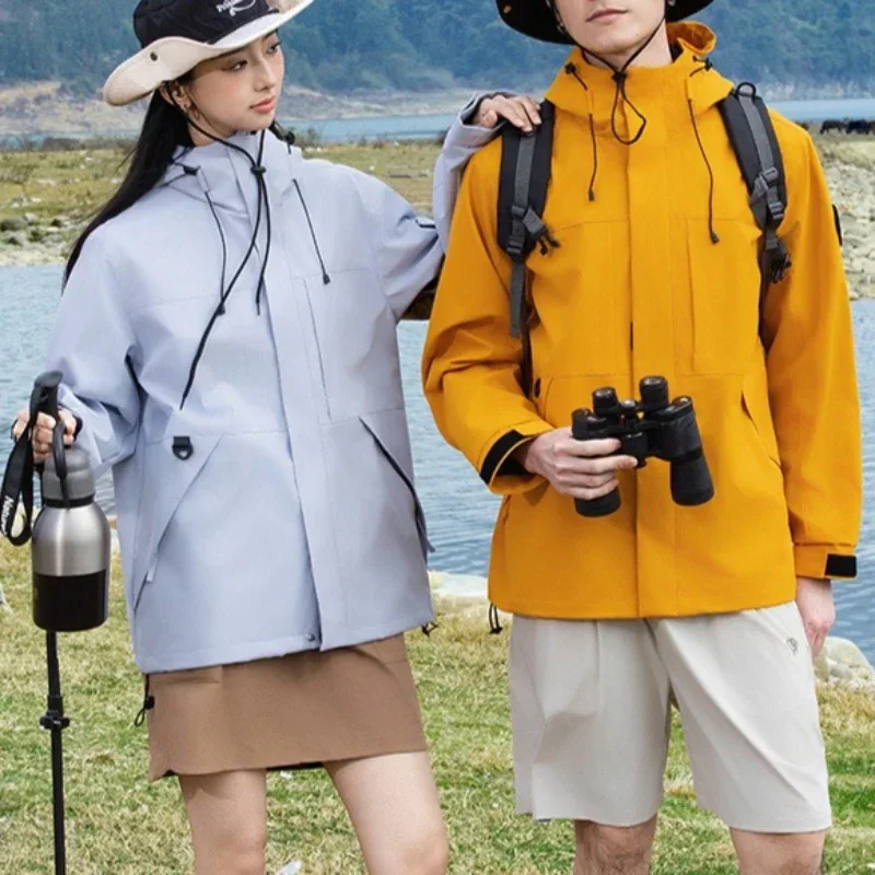 Outdoor Waterproof Hiking Windbreaker Jackets Unisex Wind‑Resistant Drawstring Multi Pocket Camping Travel Hooded Coat Woman Men