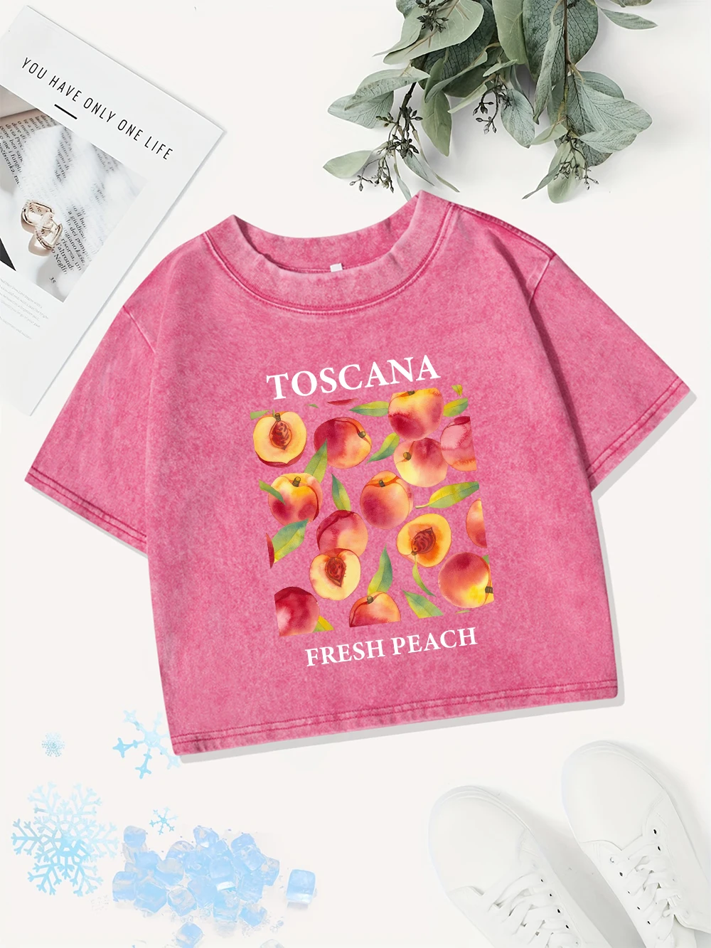 Casual Cotton Crop Tops Women Toscana Fresh Peach Printing Washed T-Shirt Street Regular Fit O-Neck Streetwear Summer Clothes