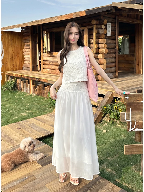 

Korean Gentle Style Sleeveless Women's Summer New round Neck Vest High Waist Draping Chiffon Halter Skirt Two-Piece Set