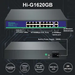 Hisource16 Port Full Gigabit POE Switch Active 48V Ethernet Switch uplink 2*1000Mbps IEEE 802.3af/at with VLAN for IPC/NVR