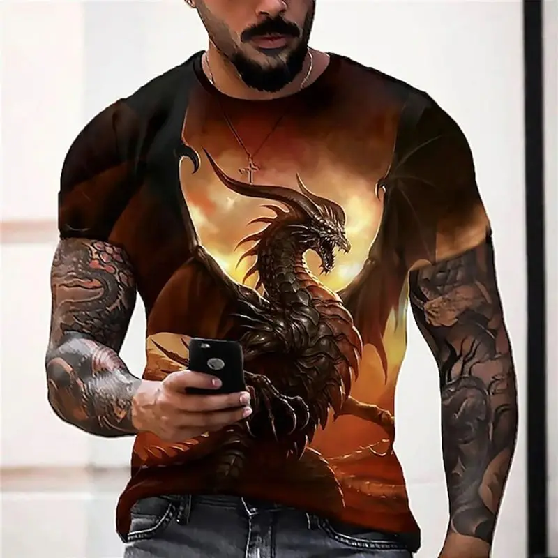 Summer Men Flying Dragon Pattern Fashion Hd 3d Printing O Collar Short Sleeve Loose Large Size T-Shirt Street Personality Top