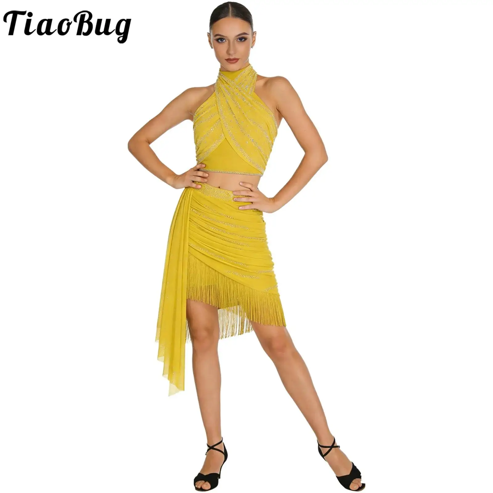 

Women Salsa Latin Dance Outfit Tango Cha-cha Set Halter Rhinestones Ruched Crop Top And Tassel Skirt for Performance Competition