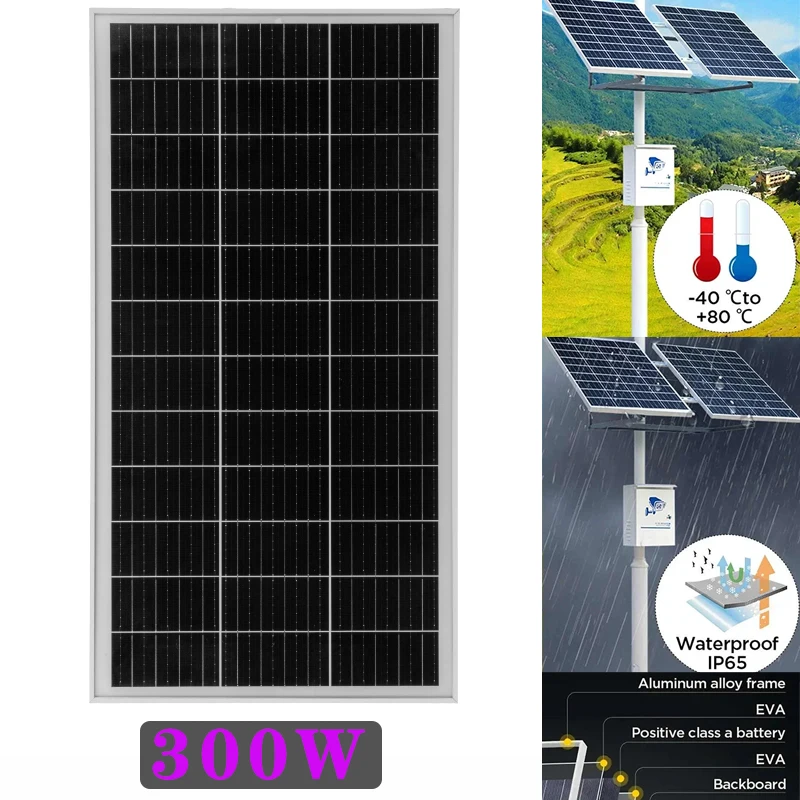 300W Solar Panel 18V Monocrystalline Solars Plate for Home Car Marine Camping Boat RV Emergency Supply  Cell Battery Power Bank