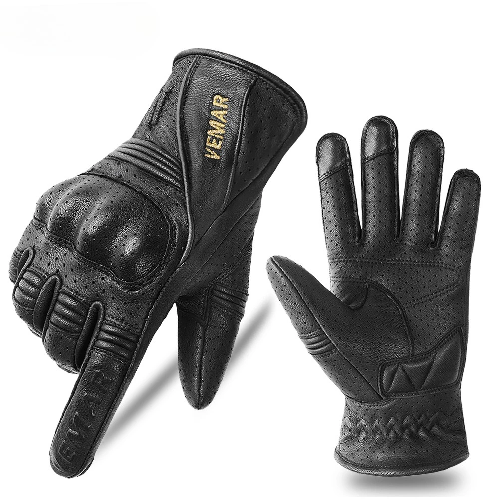 Vintage Sheepskin Motorcycle Gloves Men Riding Leather Protective Gear Touch Screen Black Four Seasons for Motorcycle Scooter