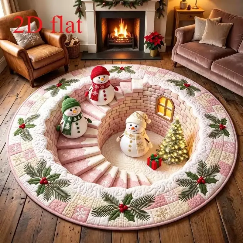 VIKAMA 3D Snowman Round Rug, 2027 Holiday Home Decor, Circle Carpet with Steps Three Snowmen Holly Snowflakes