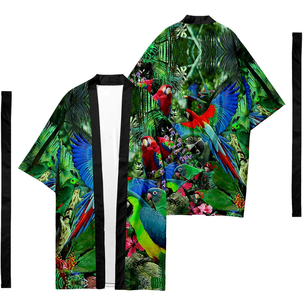 

Men's Japanese traditional ethnic long kimono cardigan women's kimono animal parrot pattern kimono shirt yukata jacket 1