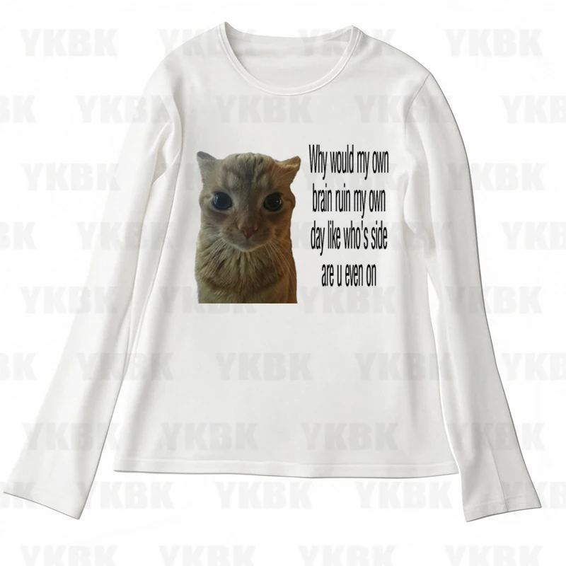 Harajuku الشارع الشهير القط كيتي نمط أنيمي النساء فتاة فضفاضة طويلة الأكمام س الرقبة لطيف تيز موضة عادية Y2k تي شيرت خمر الطفل