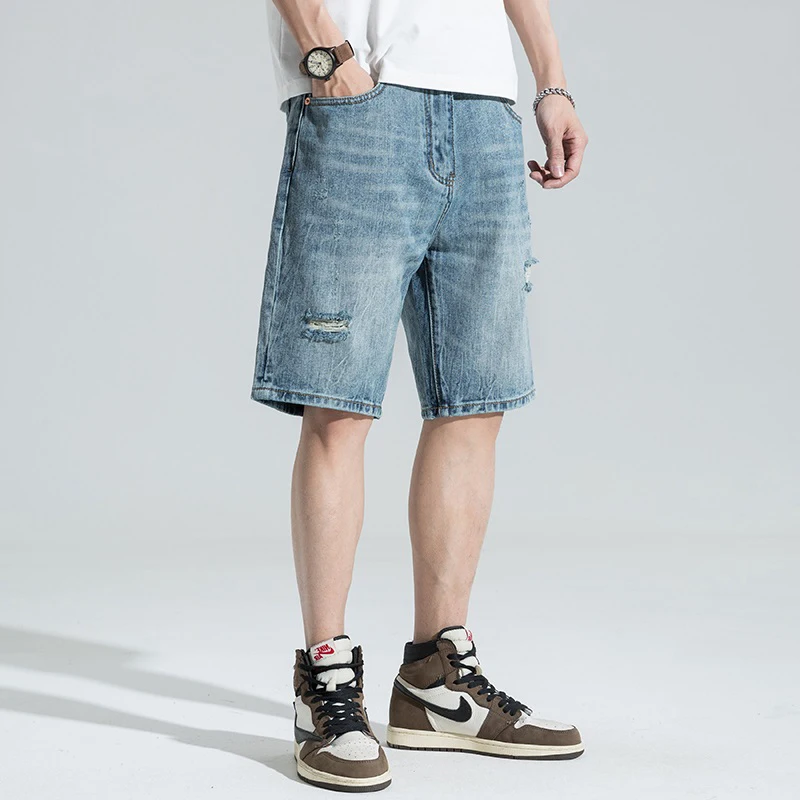 

Модные мужские рваные джинсовые шорты в американском винтажном стиле, повседневные, свободные, летние, тонкие, длиной до колена, прямые джинсы средней длины