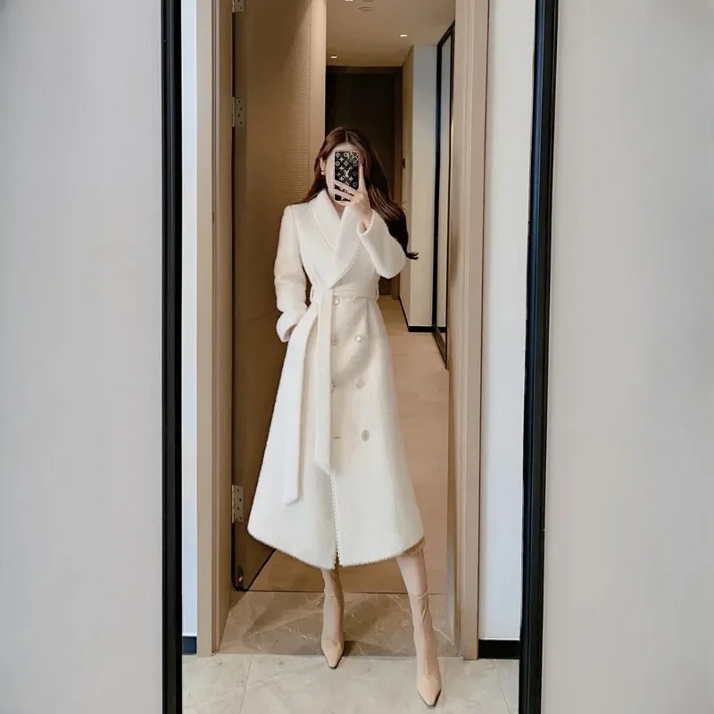 

Chic Beaded Elegant White Cashmere Coat for Women Autumn Winter 2024 New Mid-Length Belt Waist Woolen Coats Female Trench oat