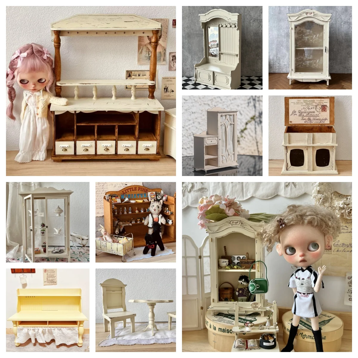 

1/6 Scale French Style Miniature Furniture Set Transparent Display Cabinet Antique Showcase DIY Material Kit & Ready-Made Option