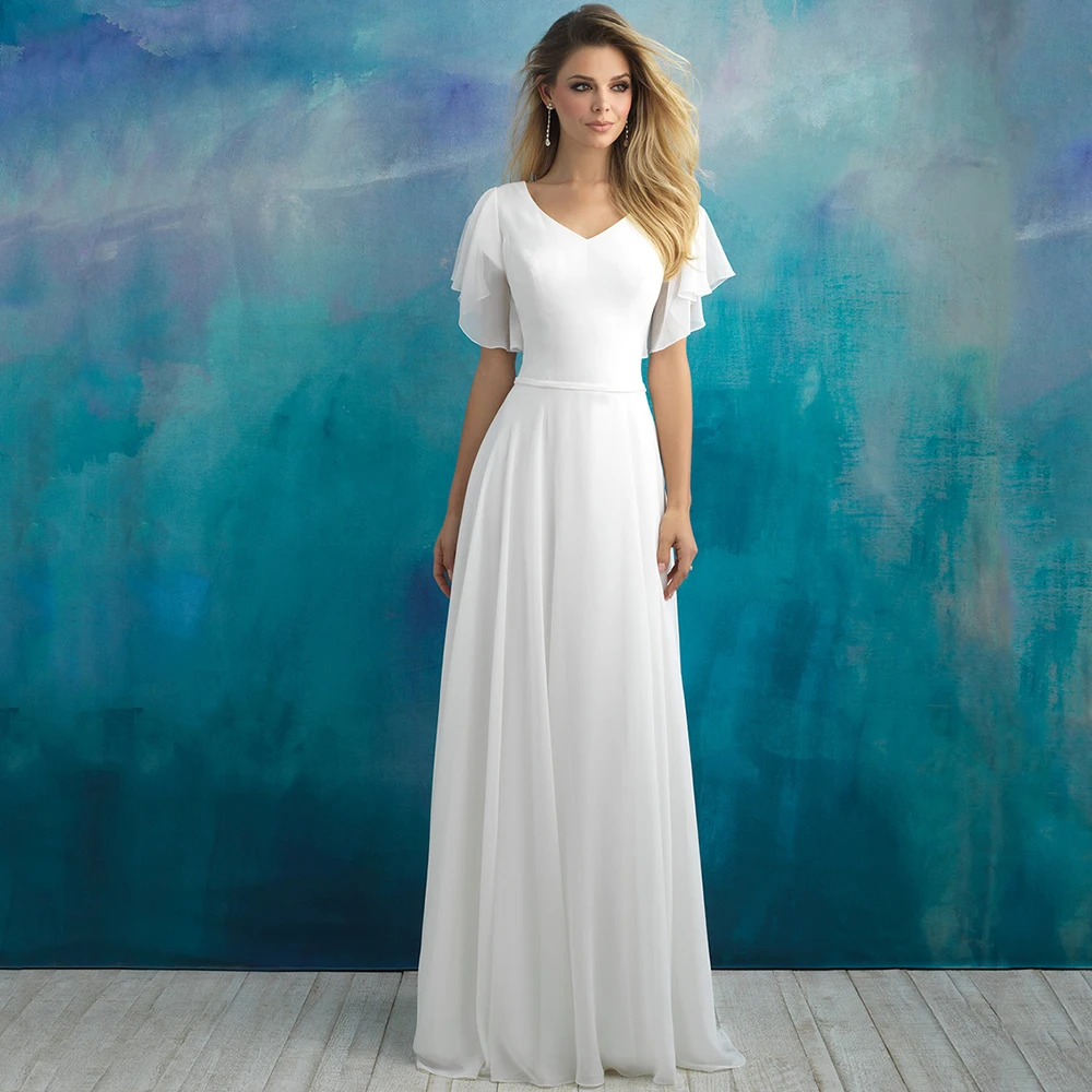 Classic Chiffon A-Line Wedding Dress Simple Short Sleeves V-Neck with Belt Floor Length Bridal Sweep Train  Buttons Gowns