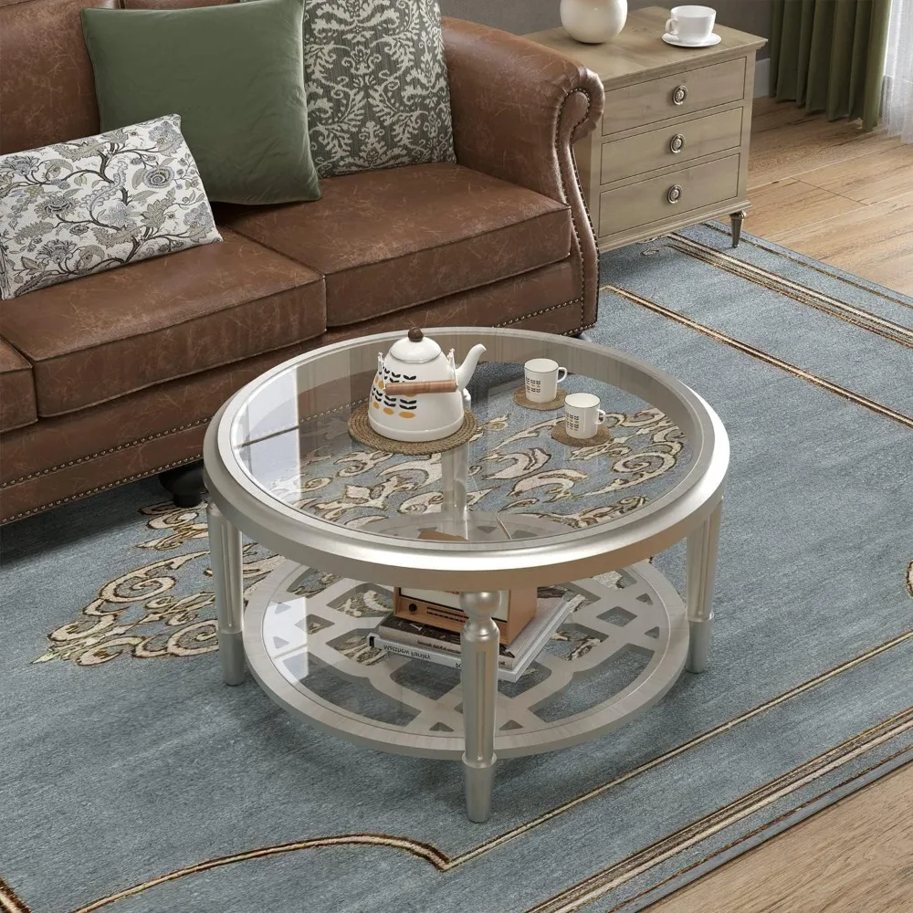 Glass Coffee Table, 32 Round Coffee Tables with Storage, 2-Tier Glass Top, Clear Coffee Table, Simple & Modern Center Table