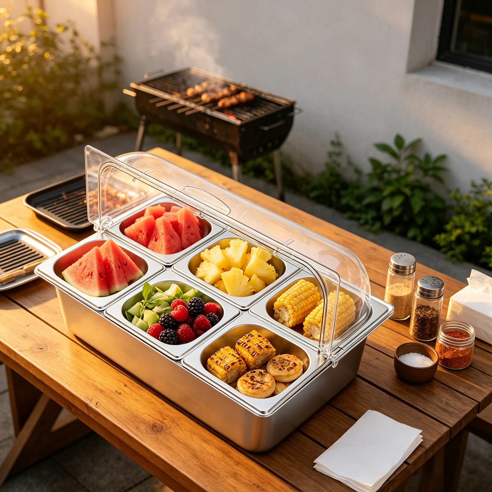 Stainless Steel 6-Pan Cold Food Display Tray Ice Buffet Server with 1.45L Pans for Sushi Seafood Salad Party Restaurant Catering