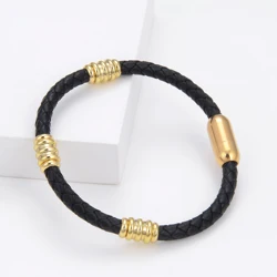 Classic Style Black Genuine Leather Bracelet Gold Color Stainless Steel Fashion Jewelry Simple Rope Chain Bangles For Men