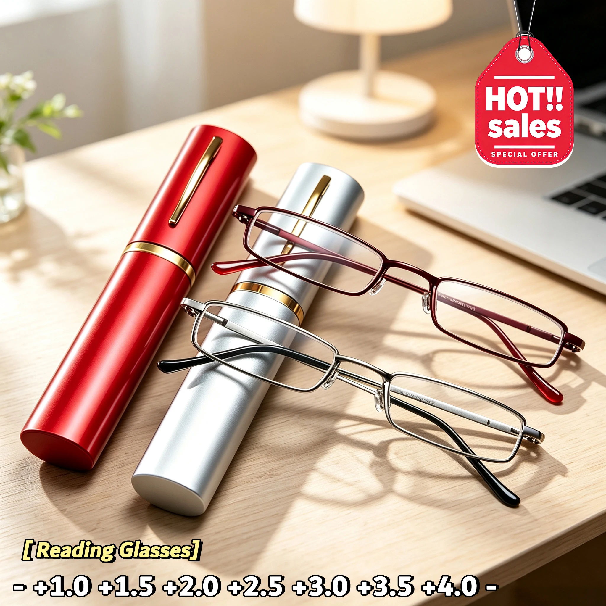 +1,0~+4,0 Tragbare, leichte Lesebrille mit Blaulichtfilter und Stiftclip-Etui für Herren und Damen