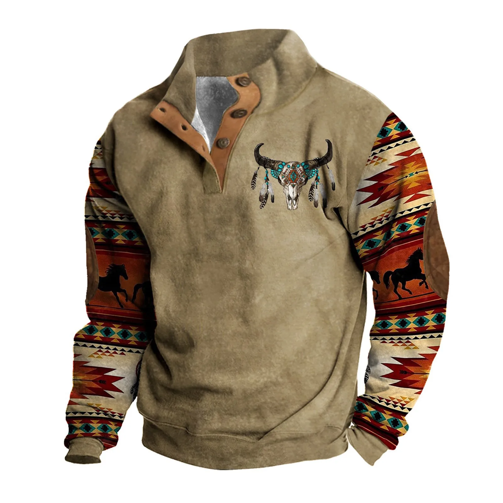 

Men's Fashuion High Street Color Blocking Printed Standing Collar Sweatshirt Outdoor Casual Pullover Tops