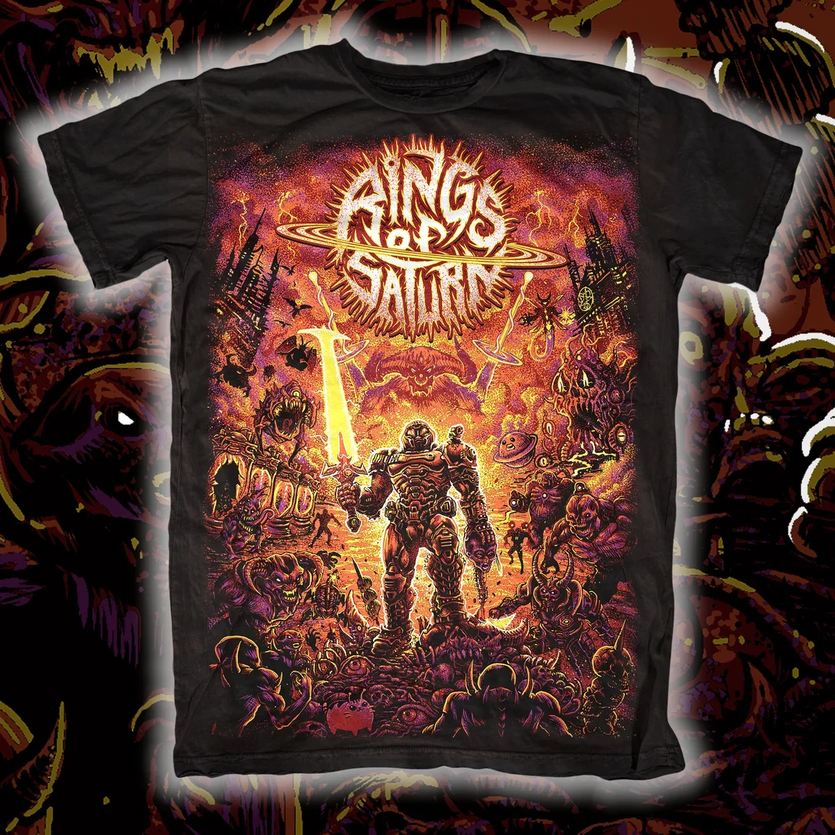Rings of Saturn Sci‑Fi Demon Battle Full Print Graphic Print T‑Shirt, Features Sharp Stylized Band Logo on Top