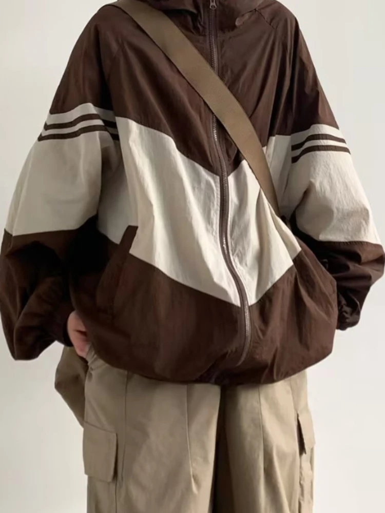 Männer Jacken Mit Kapuze Baggy Patchwork Kontrast Farbe Mode Bequem Wasserdicht Freizeit Täglich Retro Äußere Japanischen Stil Chic