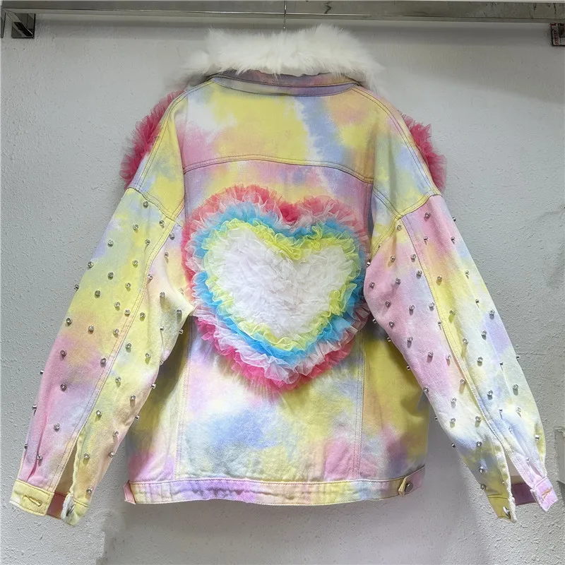 Heavy Work Beaded Heart Flowers Mesh Tie-Dyed Gradient Denim Jacket Women Casual Long Sleeve Warm Faux Fur Liner Jeans Jacket