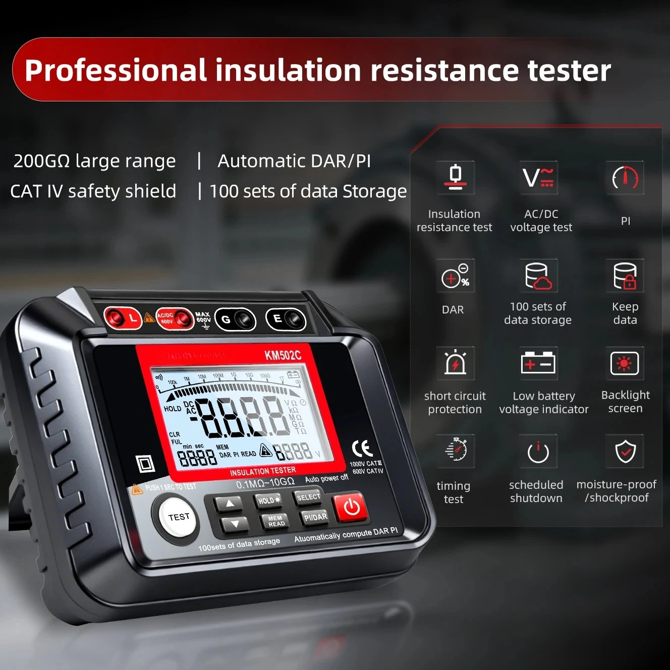 Insulation Resistance Tester KM502C KM511 0.1MΩ-10GΩ 1MΩ-200GΩ Megger With 100 Data Storage DAR PI Test Auto Range