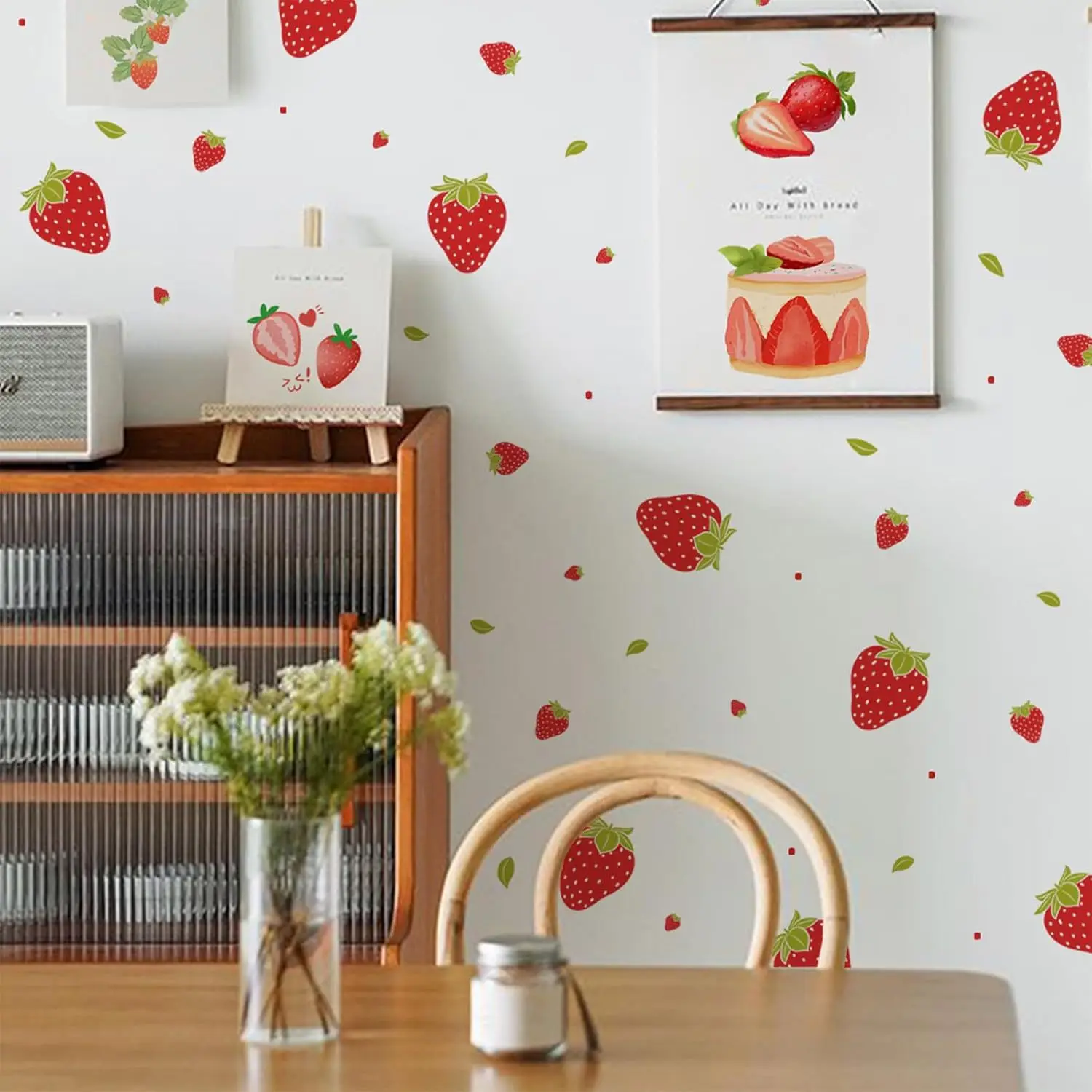 Cartoon Strawberry Fruit Wall Stickers Removable Self-Adhesive DIY Decals for Girls Room Living Room Bedroom Home Decor
