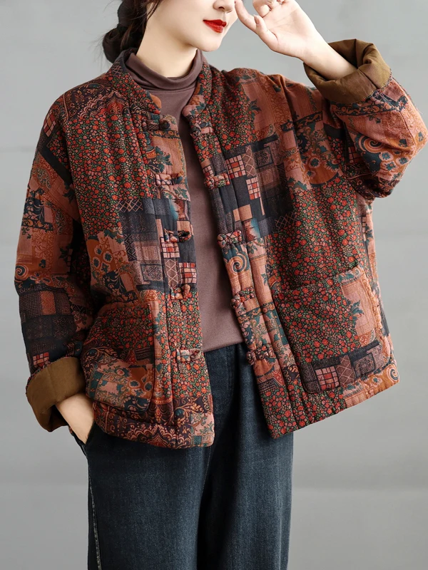 

High-End Women's Winter Cotton Linen Print Thickened Warm Stand Collar Short Coat Vintage Style Loose Fit Long Sleeve