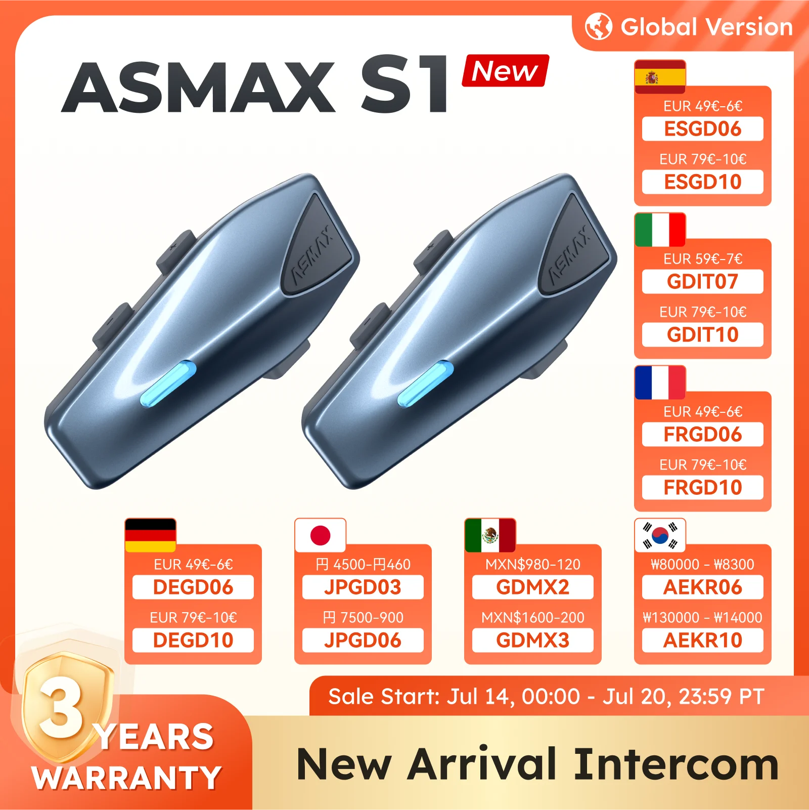 

ASMAX S1 Helmet Intercom Global Version Motorcycle Mesh Group Intercom Voice Control Multi-audio Bluetooth Headset APP/IPX7/ENC
