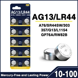 10-100 Uds LR44 AG13 pila de botón 1,5 V 357 SR44 LR1154 botón moneda RW82 SR1154 SP76 baterías para relojes de juguete remoto