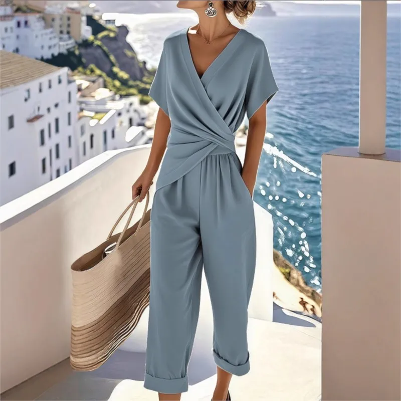 

Summer Fashion Solid Two Piece Sets Women Elegant Slim Office Suit Casual Folds Irregular Blouses & Trousers 2 Piece Set Female