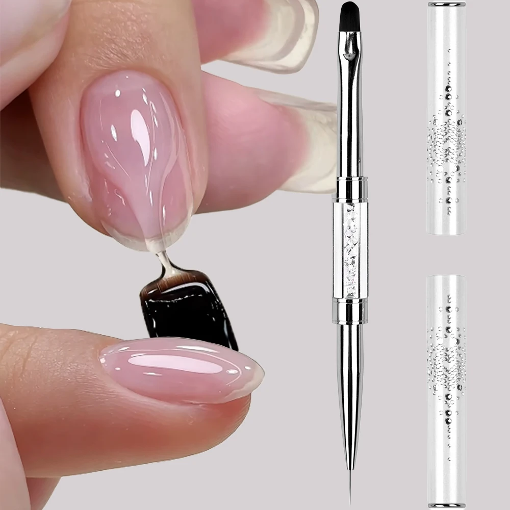Pinceau professionnel double-embout pour gel de construction et nail art, avec manche en strass, pour la peinture des ongles, la pose de French manucure, le gel vernis et le liner, outils de manucure*